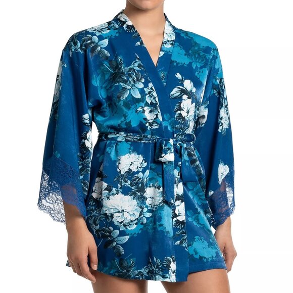 58$ In Bloom by Jonquil Floral Self-Tie Belt Satin Robe Women's Size M Eve Blue - Picture 1 of 4